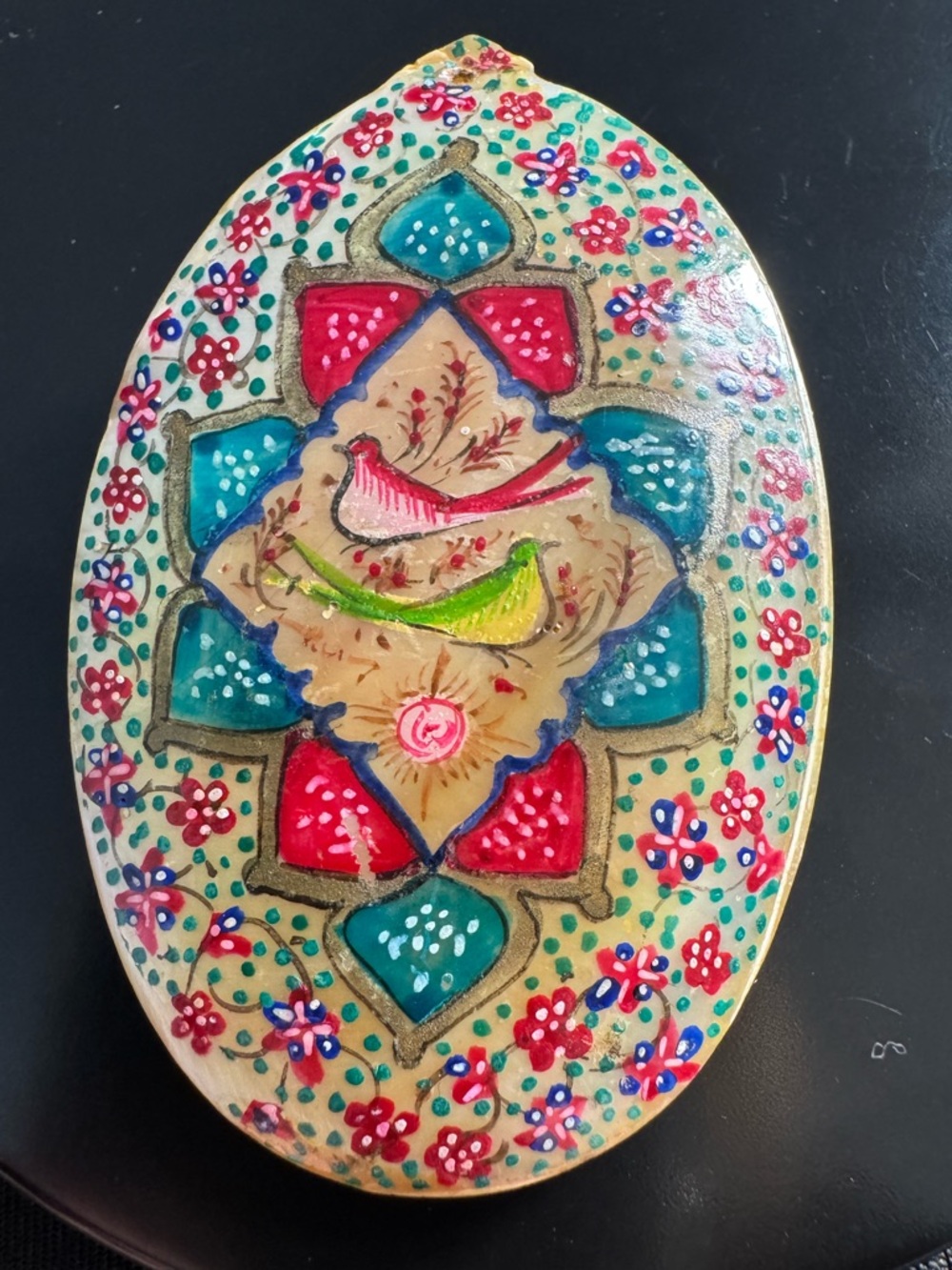 Hand-Painted Vintage Oval Pendant Brooch Persian Miniature Folk Art Scene